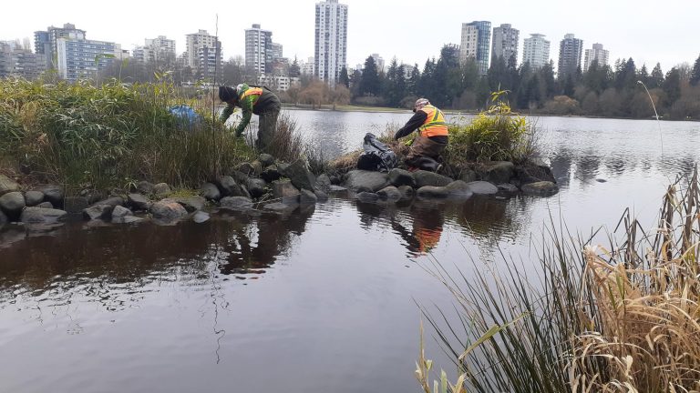 Two stewardship volunteer near a lake