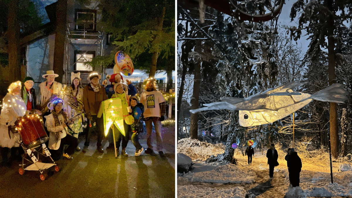 People walking in the forest in the dark and watching lanterns