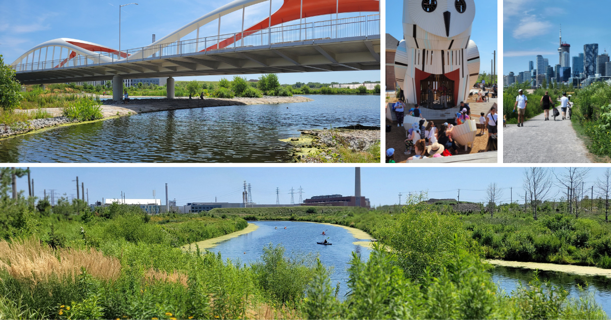 Several photo of a park with natural features such as a river